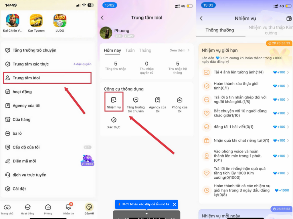 Trung tâm Idol và nhiệm vụ kiếm kim cương
